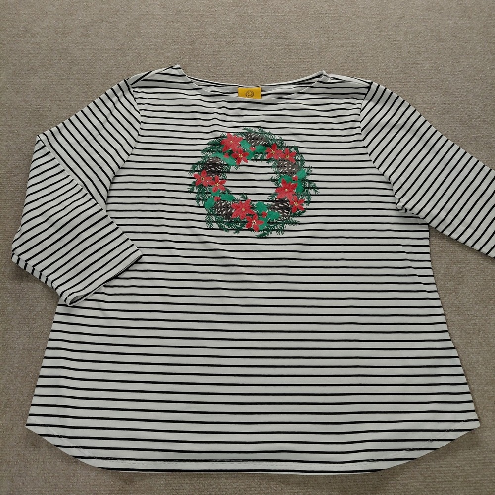 RUBY RD White Black Stripe Christmas Wreath Holiday Graphic 3/4 Sleeve Top XL